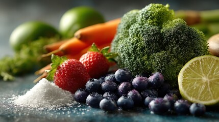 Colorful Fresh Produce Still Life with Berries and a Dash of Sweetener