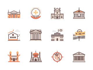 Fototapeta premium Various historical buildings stand as landmarks representing culture and heritage with architectural details in a minimalist style, evoking a sense of history and tradition.