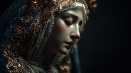 Intricate depiction of serene face with golden lace details artistic render