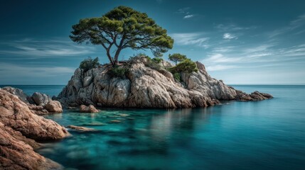 Majestic tree growing on a rocky island in a calm sea under blue sky