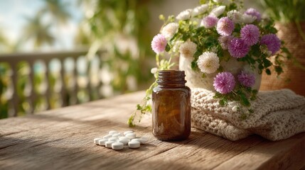Holistic healthcare still life showcasing natural medicine and relaxation