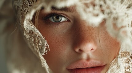 Ethereal beauty portrait: A captivating gaze through delicate lace veil
