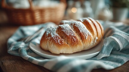 Delicious golden bread dusted with powdered sugar on rustic table setting
