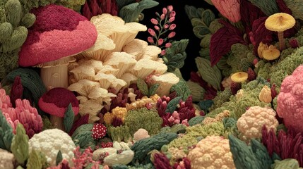 Surreal handcrafted fungal landscape in a tapestry of vibrant colors and textures