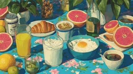 Vibrant Breakfast Still Life with Grapefruit, Croissant, and Sunny-Side Up Egg