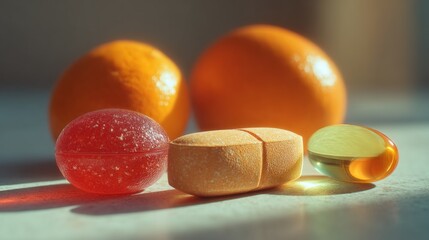 Bright composition of vitamins and oranges representing healthy lifestyle choices