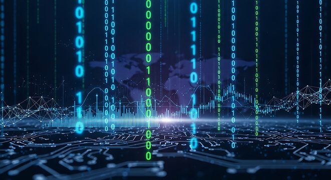 Digital Circuitry with Falling Binary Code and World Map data - Powered by Adobe