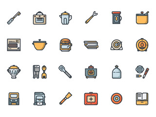 Collection of kitchen utensils arranged neatly on a white surface, showcasing cooking tools and appliances for culinary use.