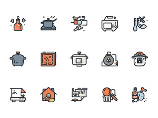 Collection of kitchen utensils and appliances arranged neatly against a white backdrop, showcasing a variety of cooking tools in a minimalist style.