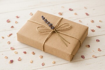 Kraft paper wrapped gift with lavender sprig