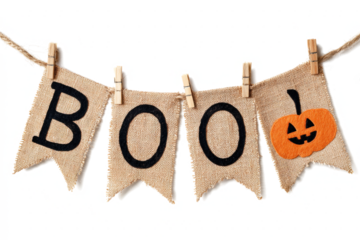 Halloween banner with the word Boo and a pumpkin hanging on a string with clothespins isolated on white