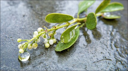 Closeup Of Delicate Branch With White Berries And Water Drops On Wet Gray Stone