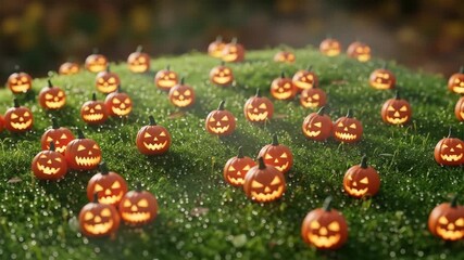 Glowing Jack O'Lanterns Scattered Across Green Hillock Against Defocused Background