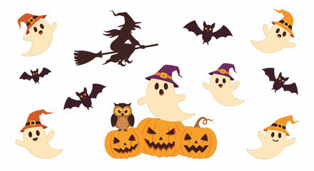 Obraz premium A collection of charming Halloween-themed illustrations featuring playful ghosts, silhouetted witches on brooms, bats, pumpkins, and an owl