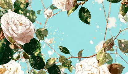 A vibrant floral design, showcasing delicate white camellia flowers against a light turquoise background, accented with golden details and delicate leaf patterns.
