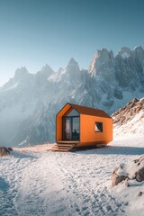 Orange Cabin On Snowy Mountain Landscape