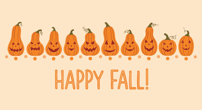 A cheerful row of diverse, illustrated jack-o'-lantern pumpkins with varied carved faces celebrates the autumn season with a 'Happy Fall! ' message