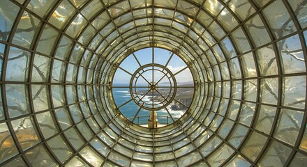 Circular glass structure with ocean view and blue sky horizon