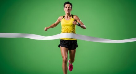 Woman runner crossing finish line on green screen. Female athlete winning race. Sports chromakey composition for advertising.