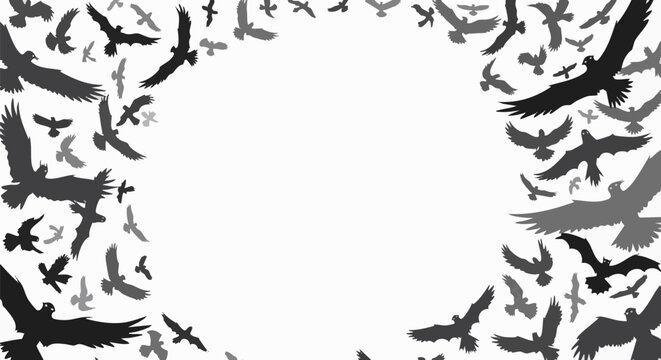 A dramatic border frame featuring black and grey silhouettes of flying birds, perfect for Halloween or spooky themed design backgrounds