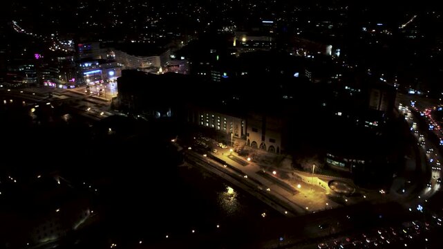 Night Aerial View of Skopje City Center: Vardar River and Traffic Flow