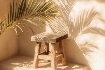 Rustic Wooden Stool Under Palm Fronds