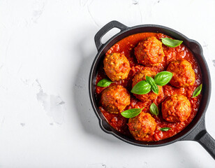 Hearty Meatballs in a Rustic Cast Iron Skillet with Rich Tomato Sauce and Fresh Basil, Top-Down View on White.