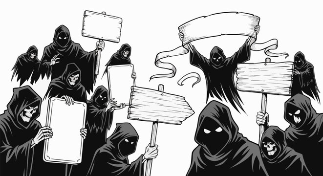 A menacing crowd of grim reapers and cloaked figures protest, holding blank signs and banners