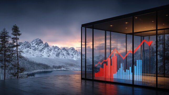 Modern Business Graph Displayed Through Glass Structure With Mountain Scenery