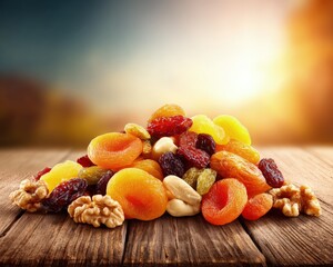 Colorful Dried Fruit And Nut Mix On Wooden Table