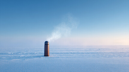 Steaming thermos snowy field minimal winter