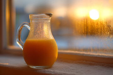 Winter morning orange juice windowsill sunrise