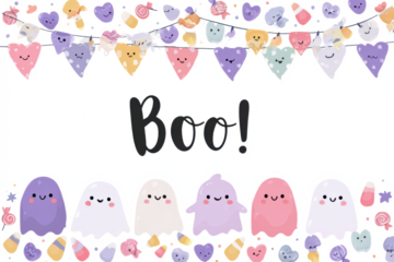 A cute and colorful Halloween-themed illustration featuring a banner of heart-shaped flags and a row of adorable ghost characters.