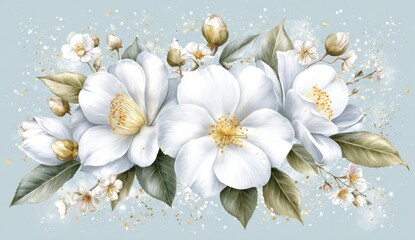 Delicate bouquet of white camellias and blossoms, with soft pastel colors and subtle gold accents, set against a light blue background.