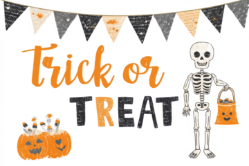 A festive Halloween illustration featuring 'Trick or TREAT' text, a skeleton with a candy bucket, and carved pumpkins with treats, all under decorative bunting.