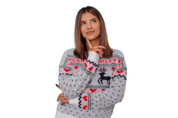 Young woman wearing a christmas sweater with reindeer design, contemplating holiday gift ideas, transparent background