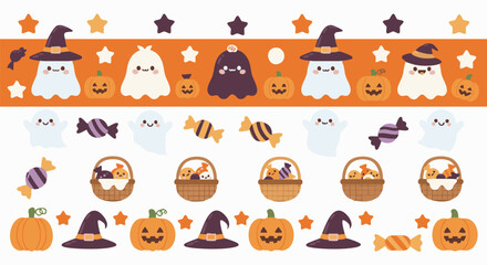 Obraz premium Charming kawaii Halloween collection featuring friendly ghosts, pumpkins, witch hats, and candy
