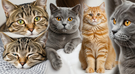 Four adorable felines of different breeds and colors, symbolizing pet love and the variety of the cat family