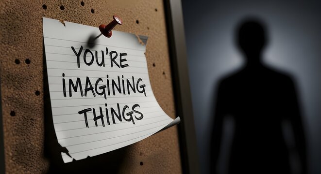 gaslighting phrases , manipulation A crumpled note pinned to a corkboard reads youre imagining things