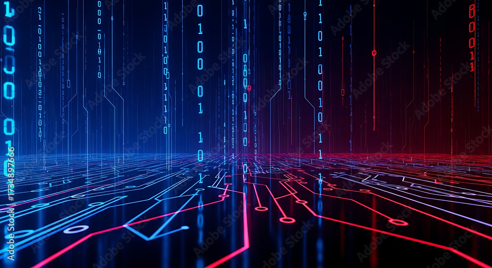Wall mural Futuristic Digital Landscape with Binary Code and Circuit Board Paths technology programming
