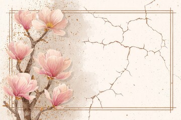 Delicate magnolia blossoms adorn a textured background with aged cracks, evoking a serene and elegant floral design.