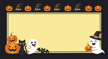 Festive Halloween background with pumpkins, ghosts, bats, and black cats