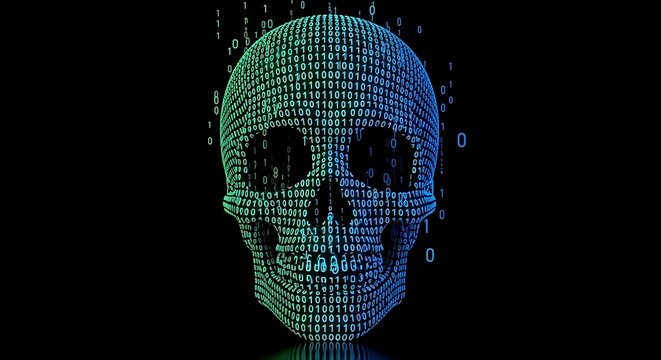 Digital Skull, Binary Code, Technology, Cybersecurity, Data.