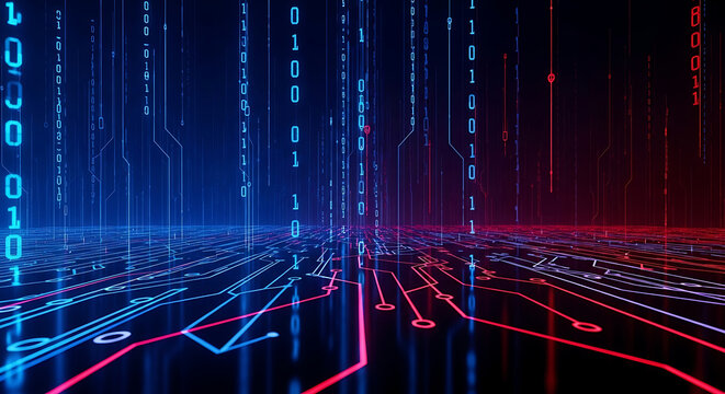 Futuristic Digital Landscape with Binary Code and Circuit Board Paths technology programming