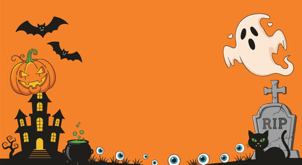 Fun Halloween banner with a haunted house, jack-o'-lantern, bats, ghost, and cat. This spooky cartoon background is perfect for holiday designs