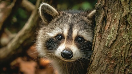 Curious raccoon hiding behind tree