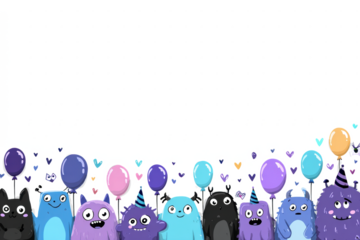 Cartoon monsters with balloons and party hats on a white background.