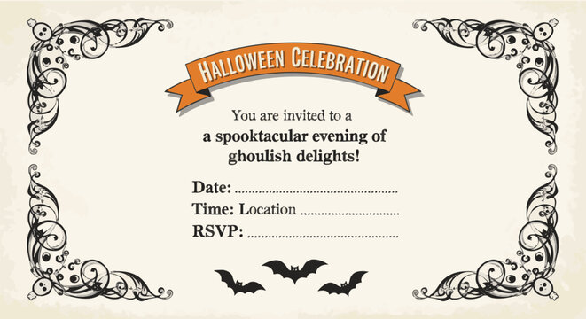 Halloween party invitation with decorative borders, bats, and text inviting guests to a "spooktacular evening of ghoulish delights