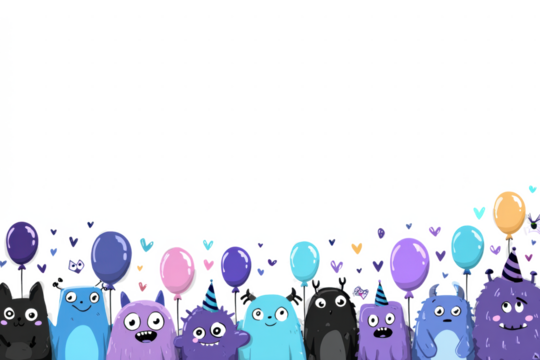 Cartoon monsters with balloons and party hats on a white background.