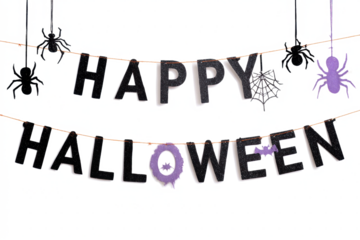 Black and purple 'Happy Halloween' banner with hanging spiders and a spiderweb, set against a white background, perfect for spooky celebrations.